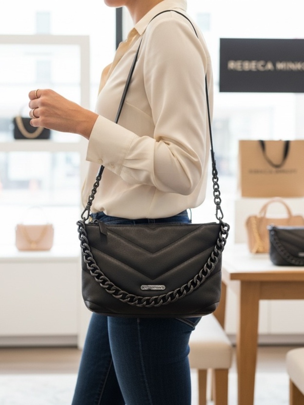 Rebecca Minkoff Black Quilted Chevron Shoulder Bag with Chain Strap